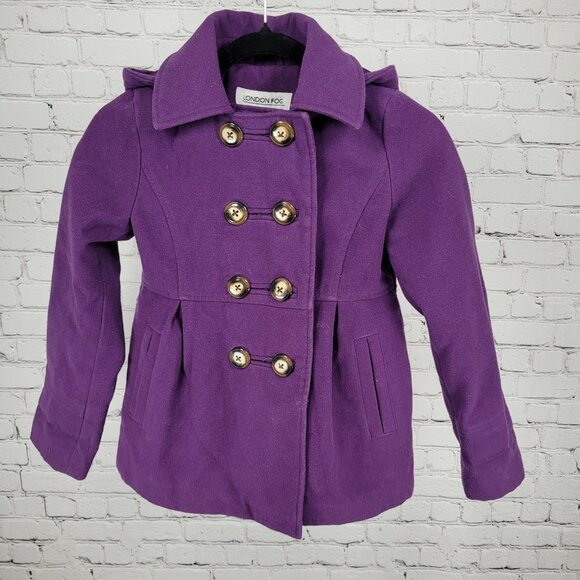 London Fog Purple Double Breasted Buttoned Hooded Pea Coat Girls Size 10/12 - Picture 1 of 16